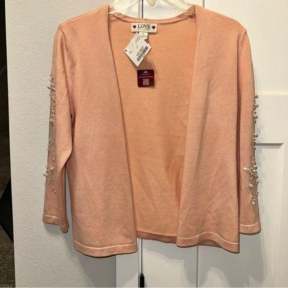 NWT LOVE Pink Peach Pearl-Embellished Open Cardigan size S - Picture 3 of 6